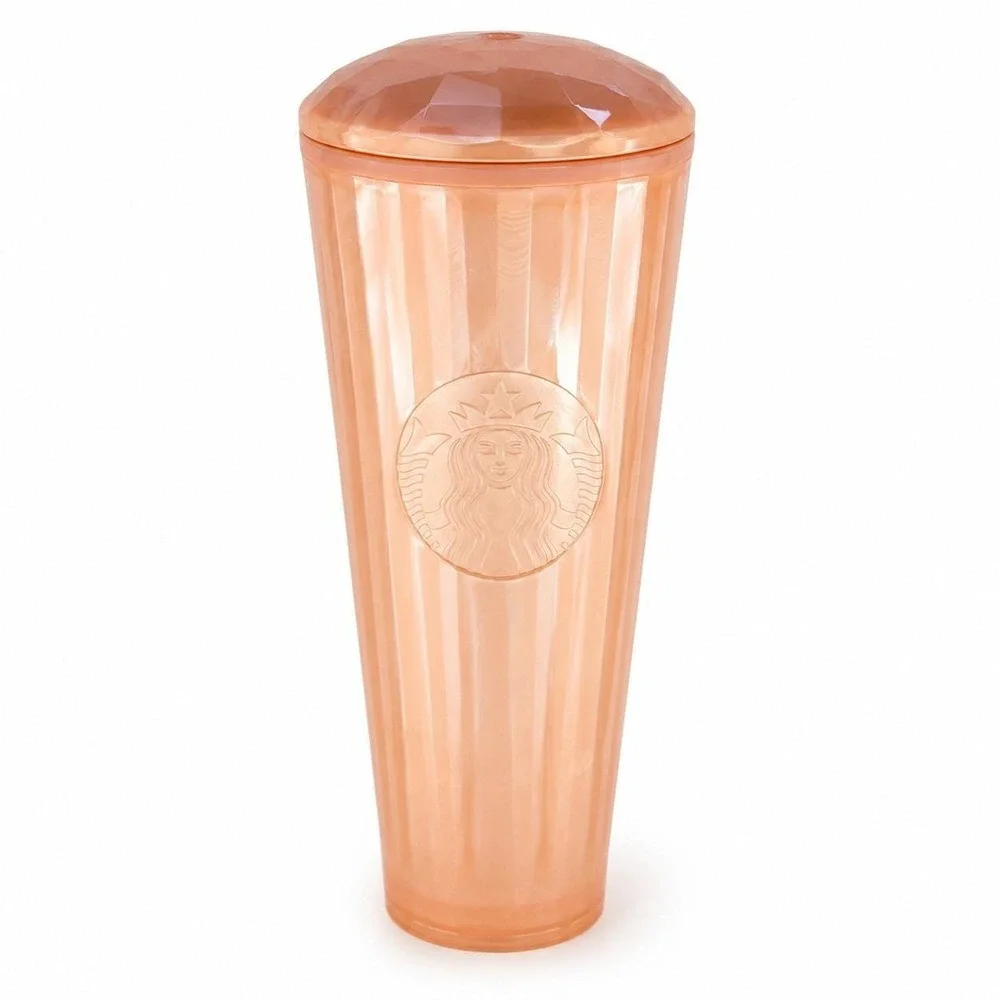 Starbucks 24 Oz Pearl Peach Faceted Cold Cup Tumbler Pink Lid Reusable EUC